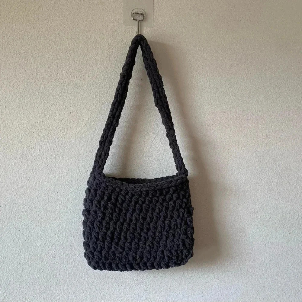 Grey Crochet Mini Shoulder Bag Knit Utility Casual Women's Clutch Purse - Picture 3 of 3